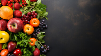 A variety of fresh ripe fruit and vegetables. Food concept background. Top view. Copy space.Generate AI