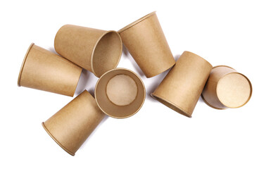 Set group empty brown paper cup isolated, eco friend, top view