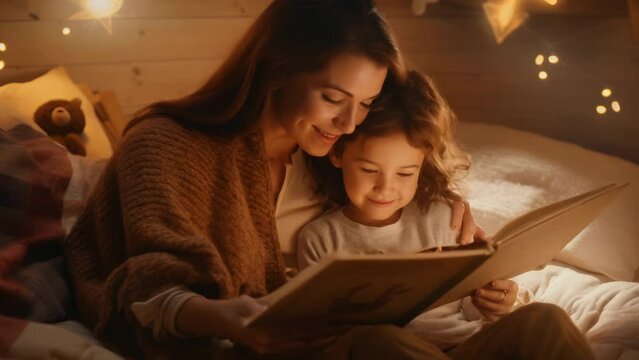Loving mother read children book her daughter. Mom tell fairy tale story to child. Mum hug little kid. Happy childhood concept. Nice mommy and girl at cozy bedroom. Parents love. Motherhood activity.