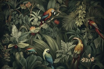 Vintage-style wallpaper featuring a lush tropical jungle with palms, bananas, birds, owls, and scorpions. Generative AI
