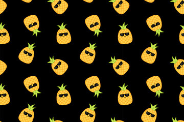 Cool pineapples in sunglasses on seamless pattern. Squishmallow. Pineapple. Kawaii, Vector