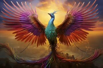 Vibrant rainbow phoenixes, soaring through the skies with radiant plumage - Generative AI - obrazy, fototapety, plakaty
