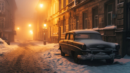 Vintage car in the street of Prague in winter. Czech Republic in Europe. - obrazy, fototapety, plakaty