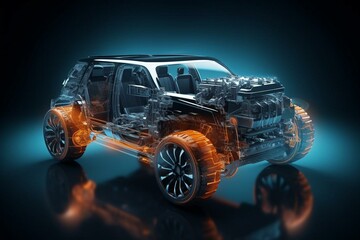 3D illustration of SUV car with x-ray effect and powertrain system. Generative AI