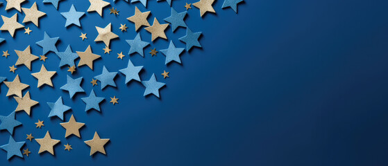 Star confetti on blue background. Flat lay, top view.