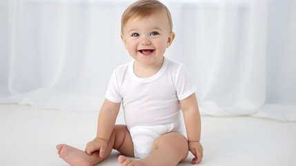 portrait of a small smiling baby 1 year old in diaper on a white studio background, copy space