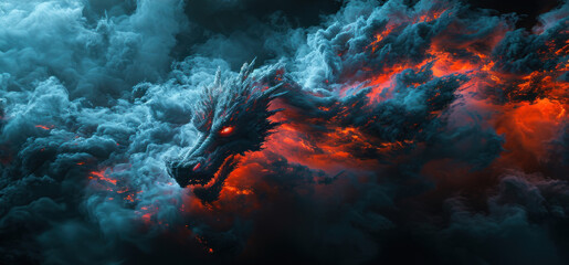 Fototapeta na wymiar Powerful dragon flying in sky with heavy clouds.