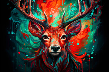 multicolored neon portrait of a deer looking forward, in the style of pop art on a black background.