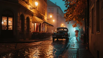 Tuinposter Vintage car park at old street in Prague city in a rainy night. © Joyce