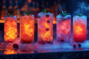 Refreshment multicolor fruit cocktails with ice, fruits, berries and mint in a bar, night club party with soft drinks