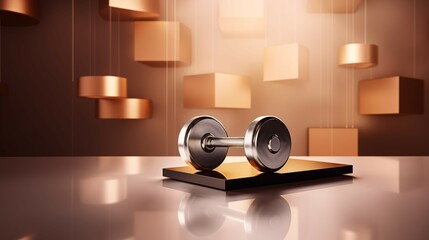 A dumbbell on the podium with the abstract gold background.