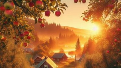 Sun rises with beautiful apple tree 