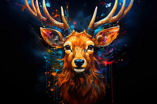 Abstract, multicolored neon portrait of a deer looking forward, in the style of pop art on a black background.