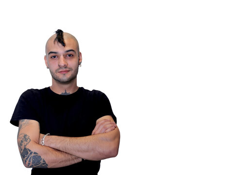 portrait of a smiling man with crest and tattoo on transparent background