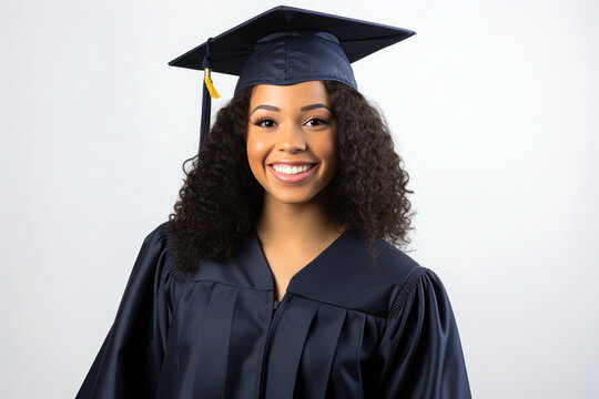 Portrait of a happy young african american woman wearing graduation gown on a white background