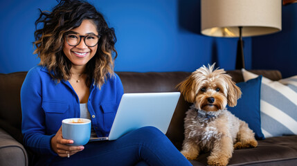 Portrait of smiling woman using laptop while sitting on sofa at home with her dog