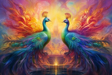 Vibrant rainbow phoenixes, soaring through the skies with radiant plumage - Generative AI