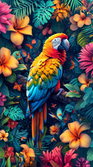 colorful parrot f tropical background with flowers and leaves