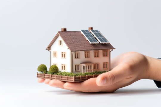 Isolated image of a house with solar panel in hand. Concept for green renewable energy.