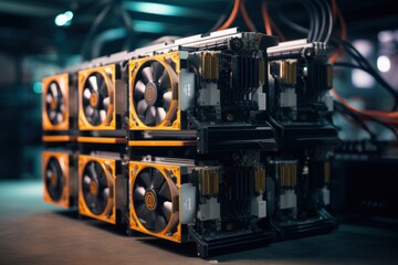 Interior view of bitcoin miner device on stand in a crypto mining farm. Photorealistic.