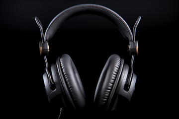 Fototapeta na wymiar Premium Black Leather Headphones on Dark Background