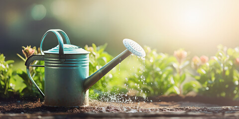 Metal watering can with water drops standing on earth on flowerbed or gardenbed in hot summer day outdoor - obrazy, fototapety, plakaty