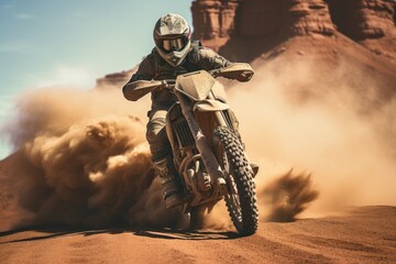 A motorcycle running wild with landscape of American’s Wild West with desert sandstones.