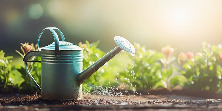 Metal watering can with water drops standing on earth on flowerbed or gardenbed in hot summer day outdoor