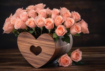 Valentine's Day love with hearts and roses e in a vase on a table Greeting card. valentines anniversary wooden background 