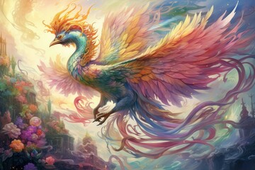 Obraz premium Vibrant rainbow phoenixes, soaring through the skies with radiant plumage - Generative AI