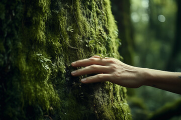 Hand on mossy trunk of tree trunk in the wild forest. Forest ecology. Wild nature, wild life