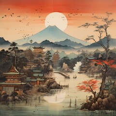 Sunset over landscape in Japanese traditional painting 