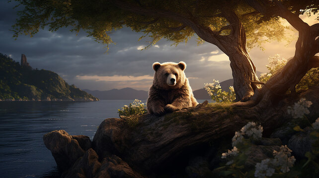 A bear is sitting on a tree ai generative photo