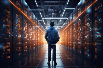 Obraz premium Interior view of a data center with servers stands.