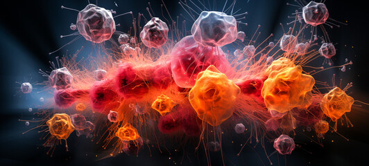 Concept of cancer cells attacking healthy body cells, world blood cancer day