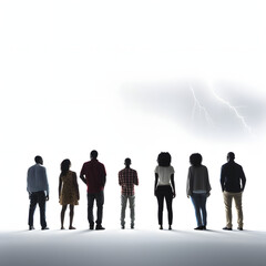 Group of people watching a lightning storm isolated on white background, minimalism, png
