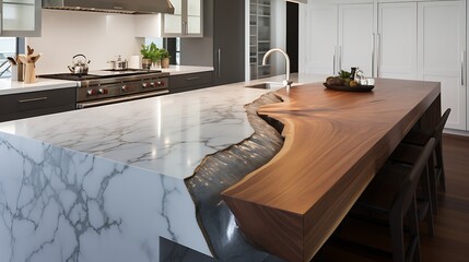 A kitchen island with a waterfall edge countertop.