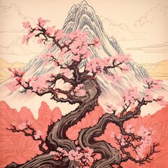 pointed mountain, 3 branches come into the picture from the side, Sakura art, , anatomically correct, beautiful