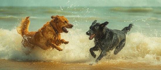 Two canines, one ebony and one golden caramel, frolic together on the sandy shore, amidst the waves. - obrazy, fototapety, plakaty