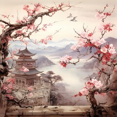 A traditional Japanese ink painting depicting cherry blossoms, split lighting, romanticism