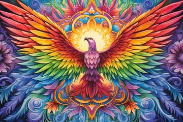 Vibrant rainbow phoenixes, soaring through the skies with radiant plumage - Generative AI