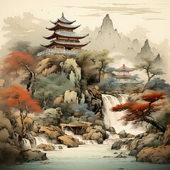 Japanese traditional paintings style with mountain land and pagoda