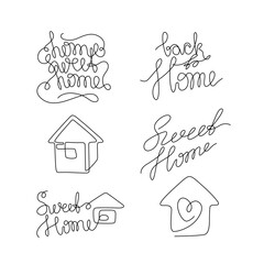 Home sweet home hand lettering small tattoo, stay home, welcome inscription, continuous line drawing, print for clothes, t-shirt, emblem logo design, single line on white background, isolated vector.