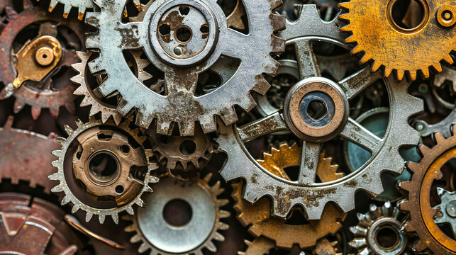 Abstract representation of vintage machinery and gears in a close-up view.