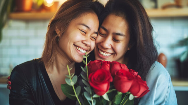 Happy Asian Young Lesbian Couple Together Holding Flowers. Engagement Celebration. Pride Concept. Generative AI