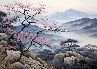 Japanese traditional painting style with mountain and nature. 