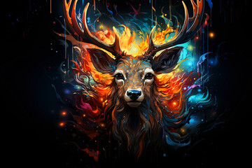 Abstract, multicolored neon portrait of a deer looking forward, in the style of pop art on a black background.