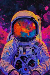 a photo of the astronaut in the space field, in the style of psychedelic color schemes, nightmarish illustrations, animated gifs, colorful caricature.