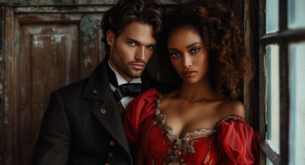 Portrait of a beautiful African-American couple in red dresses.