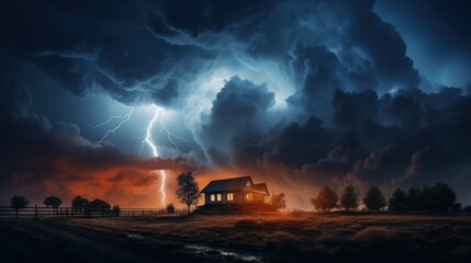 Farm land with bright lightning strike in a thunderstorm at night. - obrazy, fototapety, plakaty